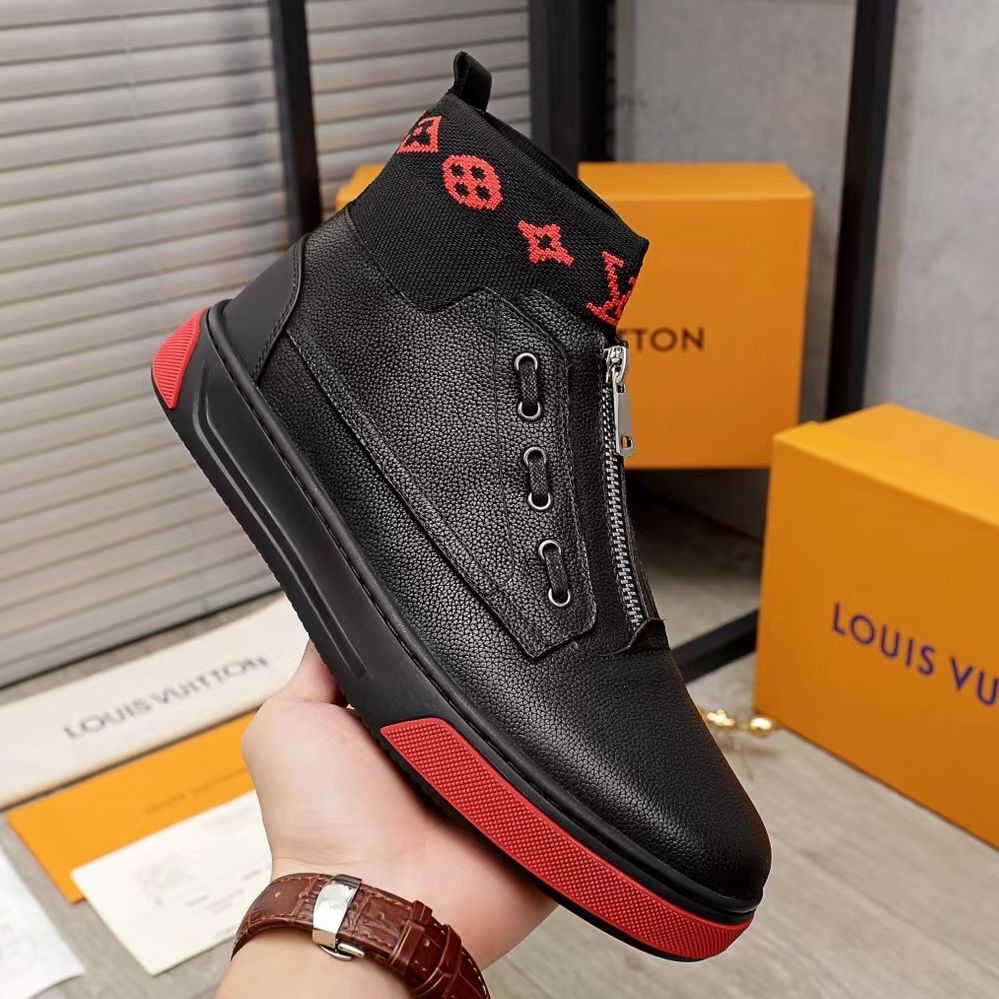 LV Leather Zip High Top Casual Sneakers Black Red