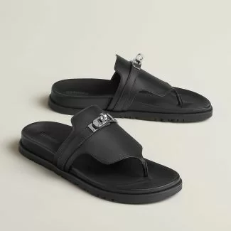 Hermes Leather Slippers Black