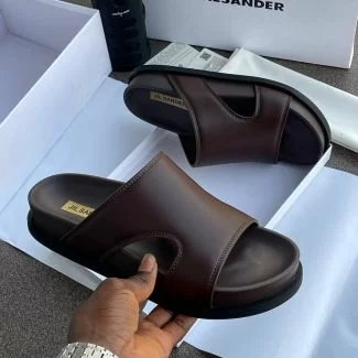 Jilsander Slide Leather Slippers Coffee Brown